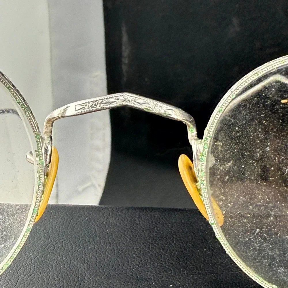 Vintage 1/10 12K GF Wire Frame Glasses Silver Round Engraved Bridge 26415